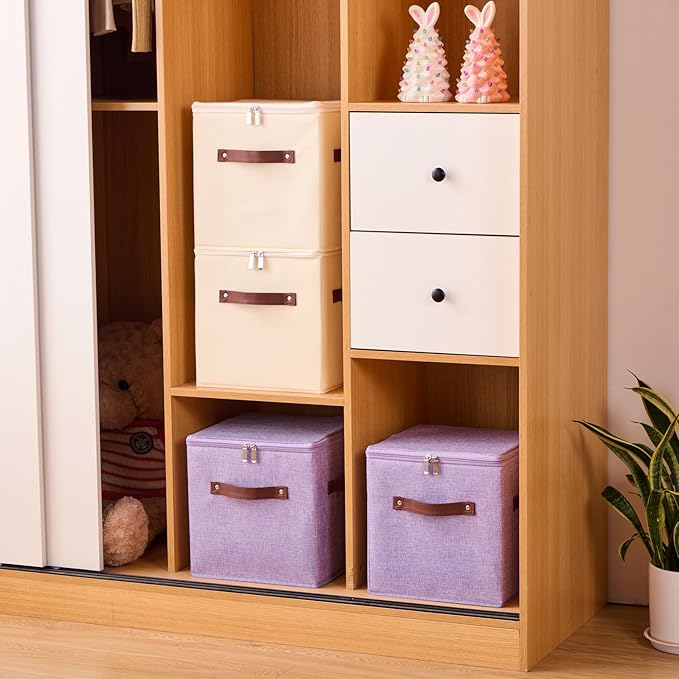 4PCS Storage Cubes with Lid Fabric Storage Bins Boxes PU Leather Handles Cotton Linen Closet Organizer Container Decorative Foldable Washable Shelf Cloth Basket (Zipper Lid, Beige, 11in)