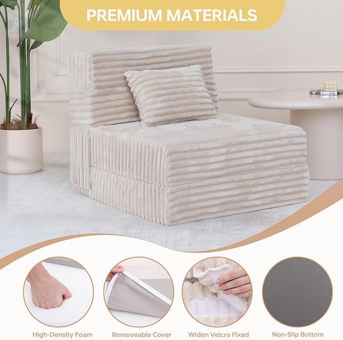 Folding Sofa Bed Single, Convertible Futon Chair Bed with Pillow, Folding Sofa Sleeper Chair, Fold Out Couch, Comfortable Foam Floor Couch for Living Room, Bedroom, Dorm, Guest Room, Beige