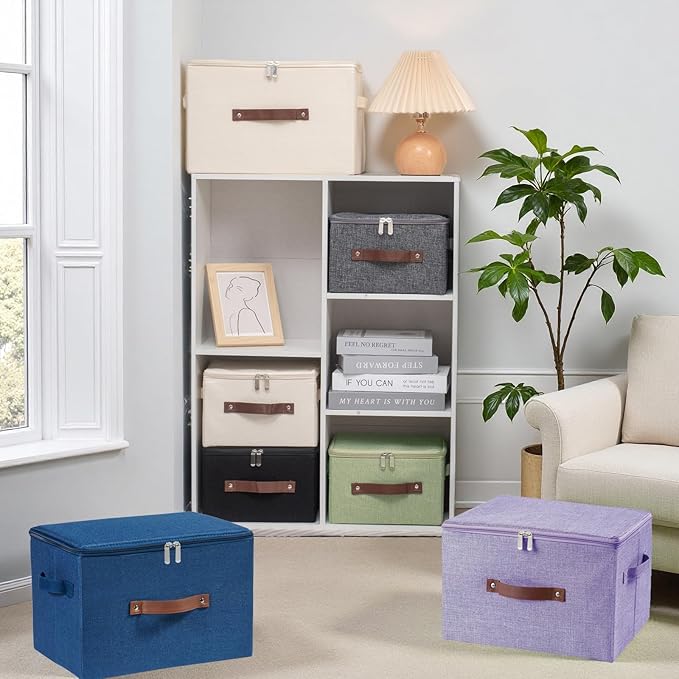 Storage Bins with Zipper Lid and PU Leather Handle 3 Pack Cotton Linen Fabric Lidded Storage Boxes Baskets Washable Collapsible Shelf Closet Organizer Container(Updated Gray, Large Size)