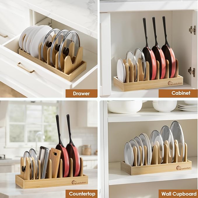 Housolution Bamboo Pot and Pan Organizer for Cabinet, Pot Lid Organizer with 7 Adjustable Dividers, Pan Holder Storage Rack for Cutting Board, Baking Tray and Cookie Sheet