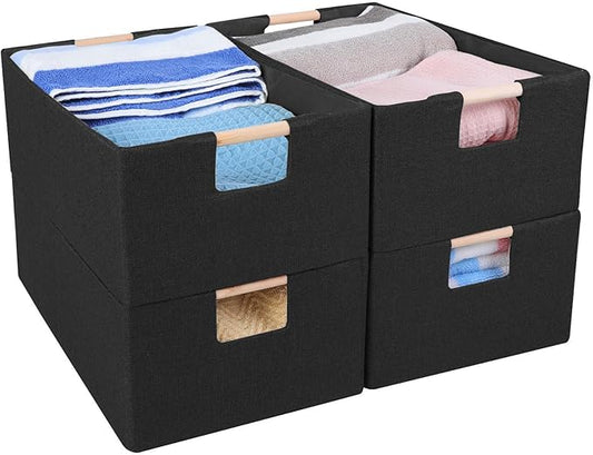ANMINY 4PCS Storage Bins Set Large Foldable Cotton Linen Fabric Storage Baskets Box with Wood Handles Decorative Shelf Cube Clothes Towel Laundry Organizer Container - Medium, Black