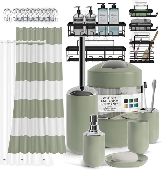 Clara Clark Bathroom Accessories Set - Bathroom Set with Adhesive Corner Shower Caddy Hanging, 25PC Bathroom Accessory Set, Sage Green Shower Curtain Set, Toilet Brush, Trash Can & Soap Dispenser