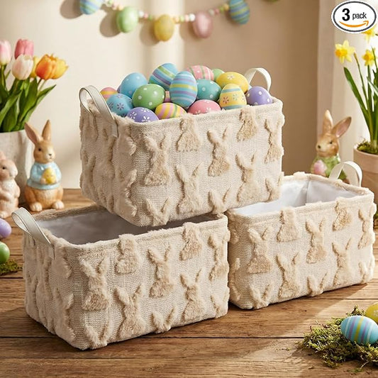 Kathfly Beige Rabbit Storage Baskets Easter Bunny Laundry Basket Plush Faux Fur Jacquard Design with Handles Waterproof Storage Bins Fabric Shelf Baskets for Easter Party Decorations