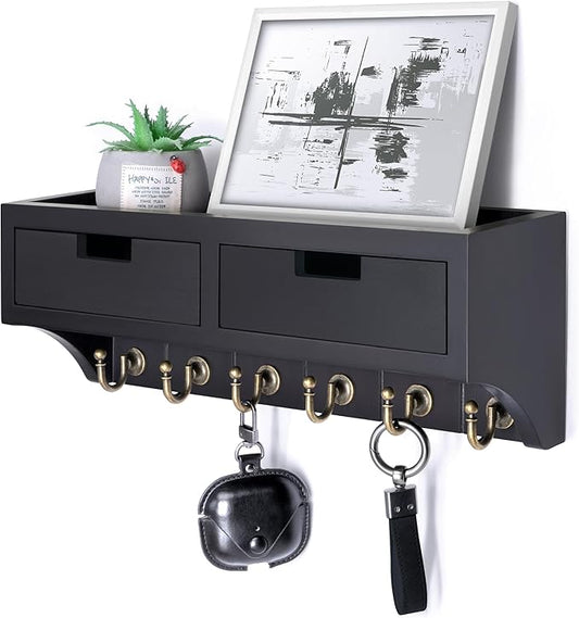 Rebee Vision Key Holder Wall Mount with 2 Drawer Organizer : Decorative Mail Organizer with 6 Key Hooks & Small Wall Shelf - Modern Home Decor for Apartment Essentials (Black)