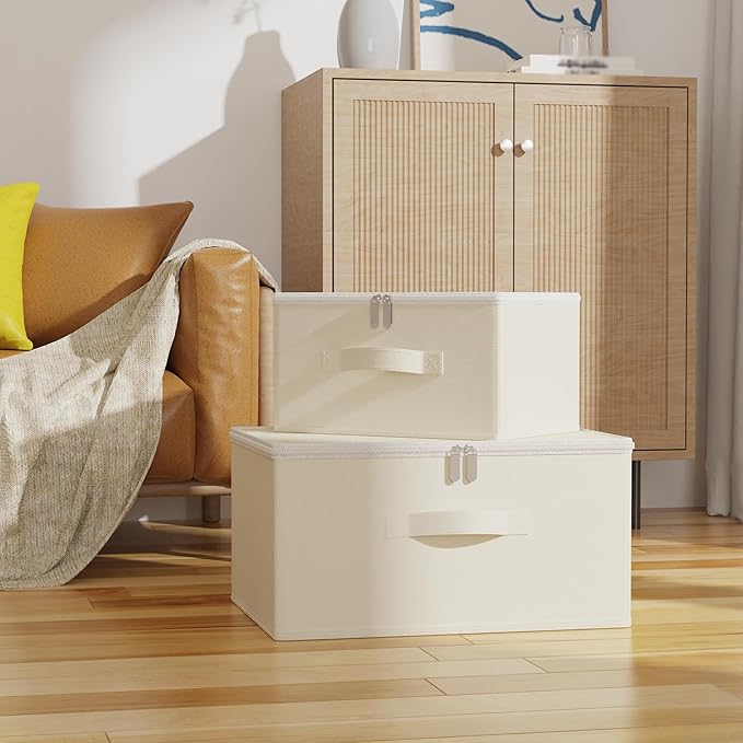 Storage Bins with Zipper, Cube Organizer Basket with Lid, Collapsible Stackable Closet Boxes, for Home and Bedroom, 4 Pack, Beige, 11.8 x 7.9 x 6.3 In, XSNY16BES-4