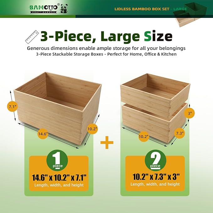 3-Piece Large Bamboo Storage Box Set - 7.1in High Stackable Deep-Drawer Organizer, Lidless Bamboo Bin for Kitchen Cutlery Utensils Knives (14.6"x10.2"x7.1"*1 + 10.2"x7.3"x3"*2)