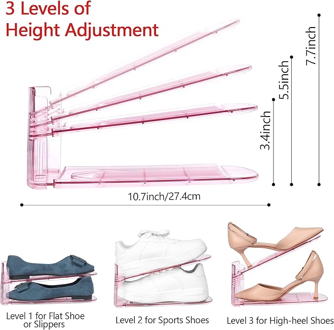 Yes!Fresh Shoe Slot Organizer, Boutique Display Style Shoe Stacker for A Pair of Shoes, Separable Shoe Rack for Closet Organization, 3 Adjustable Narrow Shoe Rack (Pink, 2 Pack)