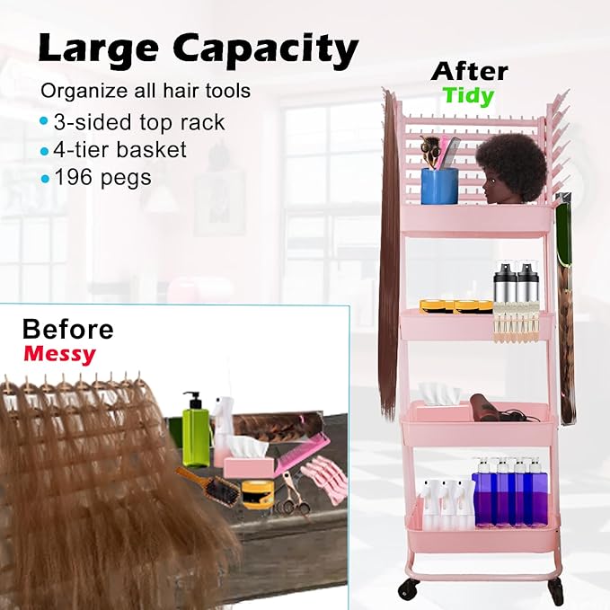 Braiding Hair Rack with 196 Pegs, Hair Extension Holder with 4 Tiers Storage Cart, Elegent Pink Braiding Rack Stand for Hair Braider, Sturdy Hair Rack for Salon, Home, Beauty School
