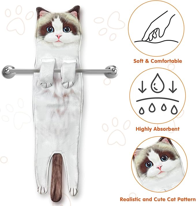 PAT JUUMG Funny Ragdoll Cat Hand Towels for Bathroom Kitchen, Cute Home Decorative Hanging Face Towels, Super Absorbent Soft, Cat Lovers Gifts for Women, Housewarming Gift