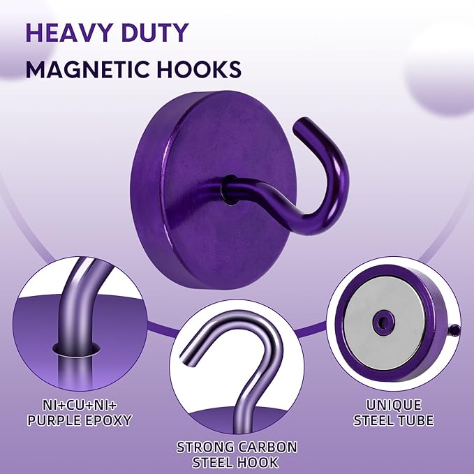 Neosmuk Magnetic Hooks, Cruise Ship Essentials, 10lb+ Heavy Duty Magnetic Hooks for Cruise Cabins, Refrigerator, Grill, Hanging, and Travel | Extra Strong Must-Haves Magnet Hook,Purple