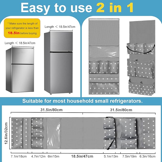 Dorm Room Essentials Mini Fridge Organizer, Hanging Over Fridge Storage Organizer, College Caddy with 14 Pocket for Office, Kitchen, Home, School (Grey)