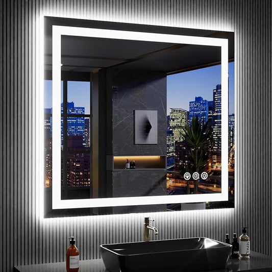 LOAAO 40"X36" LED Bathroom Mirror with Lights, Anti-Fog, Dimmable, RGB Backlit + Front Lighted, Bathroom Vanity Mirror for Wall, Memory Function, Waterproof, Tempered Glass
