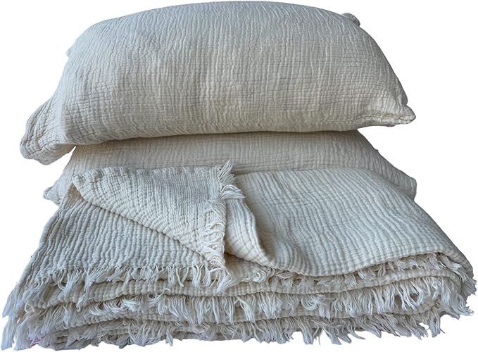 100% Cotton Muslin Throw Blanket, 4 Layers Bedspread, Soft Turkish Cotton Muslin Bed Cover, Reversible Coverlet, Ivory (Full/Queen Size 91x95-230x240cm)