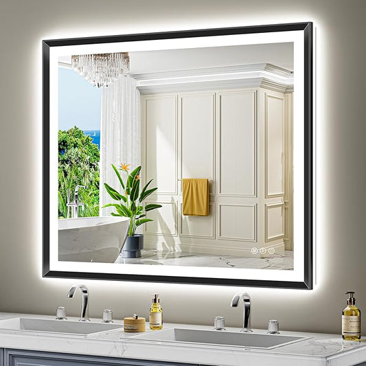 48x38 Black Framed LED Bathroom Mirror with Lights, Backlit and Front Light, Lighted Bathroom Vanity Mirror for Wall Dimmable Anti-Fog Memory Tempered Glass Horizontal/Vertical