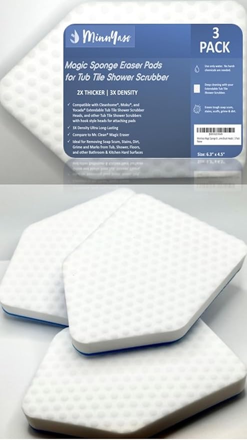 Magic Sponge Eraser Pads Fit Extendable Tub Tile Scrubber Brush | Magic Sponge Eraser Cleaning Scrubber Refill Replacement Pads | Compatible with Moku, Yocada & Cleanhome & Others | 3 Pack