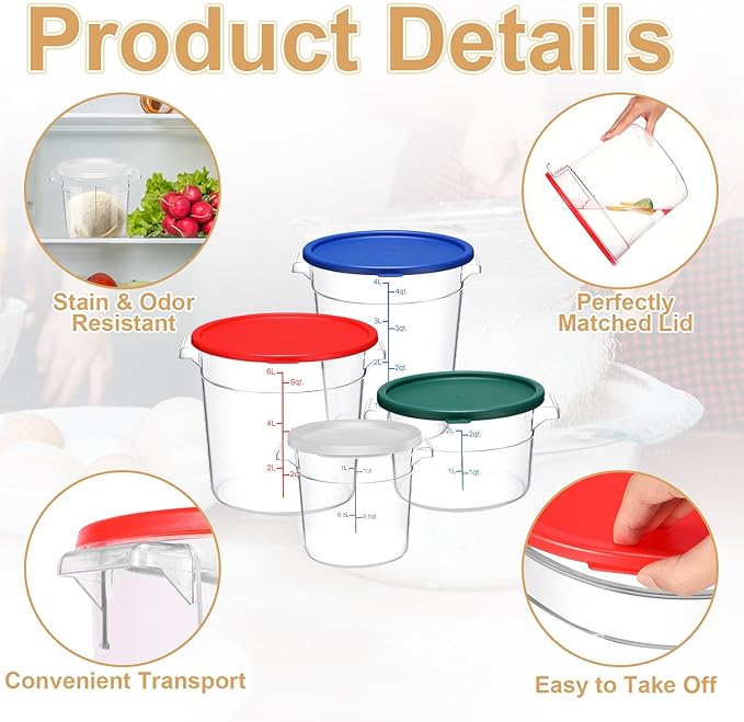 Sawysine 4 Pcs Food Storage Container with Lids Set Proof Dough Clear Round Commercial Containers with Scales and Handles for Bread Dough Rise Restaurant Home Food Storage (1 Qt 2 Qt 4 Qt 6 Qt)