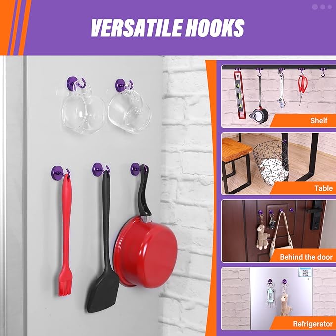 Neosmuk Magnetic Hooks Heavy Duty, Strong Magnet with Hook for Fridge, Super Neodymium Extra Strength Industrial Hooks for Hanging, Magnetic Hanger for Toolbox, Cruise, Grill(Purple,4 Pack)