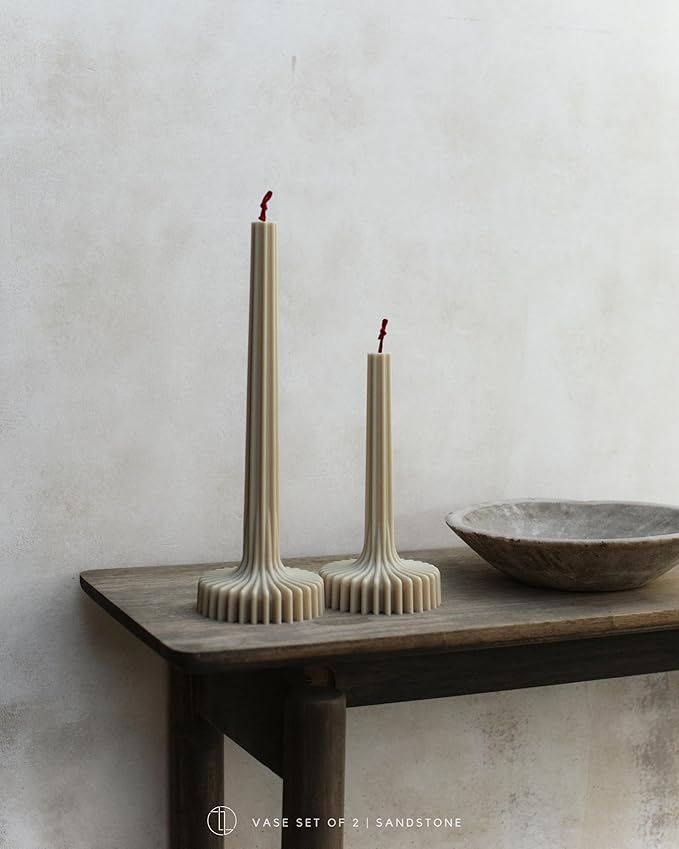 LAWA Set of 2 Vase Candle - Beautiful Handmade Pillar Unscented Soy Wax Elegant Aesthetic Candle Housewarming Gift Home Room Shelf Decor Idea Sandstone