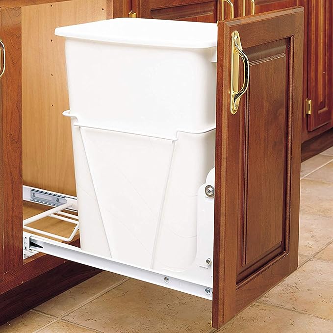 Rev-A-Shelf Steel Pullout Waste Container with Single Trash Can, 35 Quart, White - Sliding Garbage Bin System for Kitchen or Bathroom Base Cabinets, RV-12PB