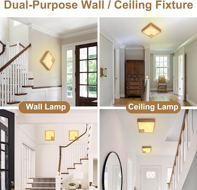 Natural Alabaster Wall Sconce Antique, Square Marble Wall Lighting Dimmable, LED Alabaster Wall Lamp Fixture for Hallway, Living Room, Stair, Bedroom, Bedside