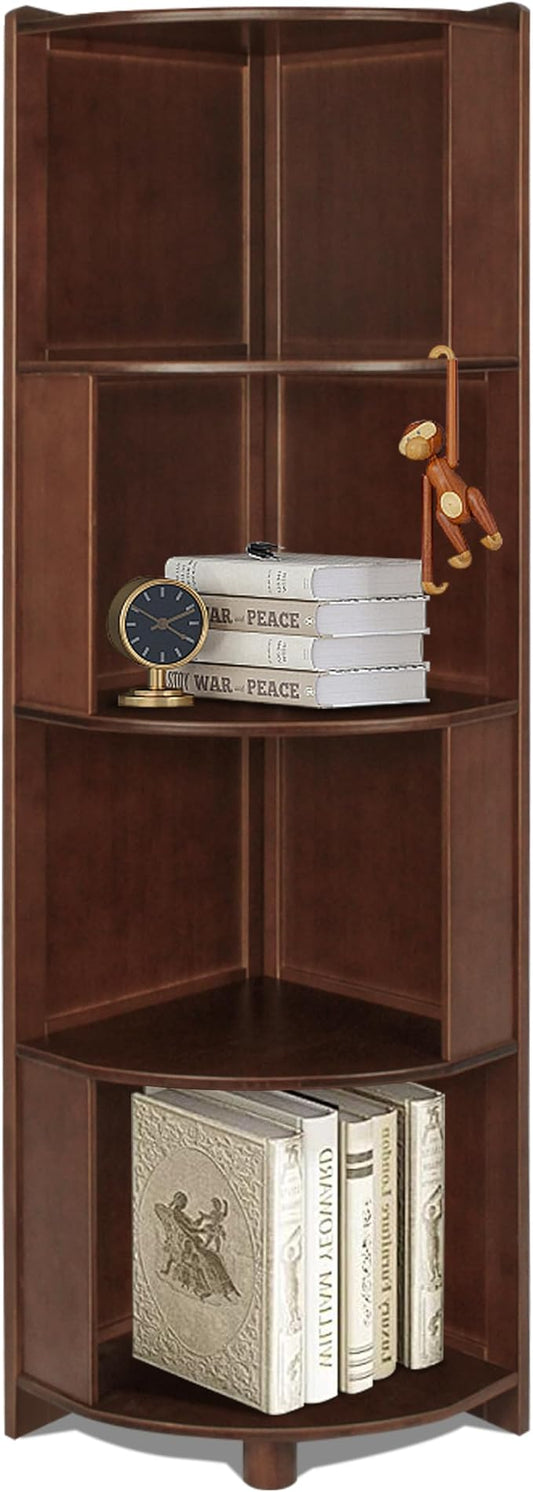 DOUSY-4 Tier Bamboo Corner Shelf, Modern Corner Bookshelf, 56.2" Tall Stylish Book Case Display Rack Plant Stand for Living Room, Bedroom, Home Office, Kitchen, Walnut