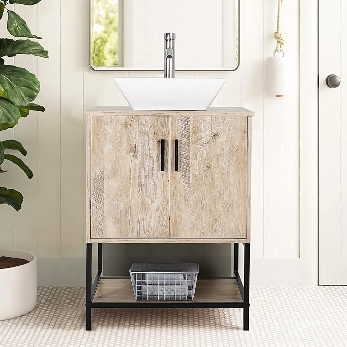 eclife 24" Bathroom Vanity Sink Combo Modern Metal Stand Cabinet W/Bottom Shelf White Square Vessel Sink & Water Save Faucet & Pop Up Drain, Oak (A07)