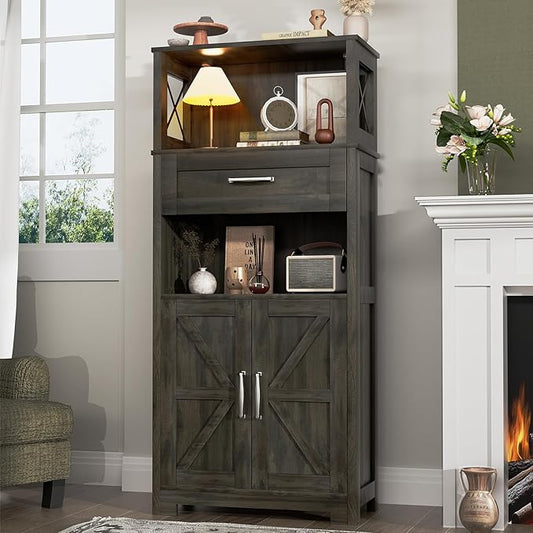 55" Tall Kitchen Pantry Cabient with 2 Microwave Stands, Farmhouse Pantry Storage Cabinet with Barn Doors and Large Drawer, Rustic Freestanding Cupboard for Kitchen and Dining Room (Dark Grey)