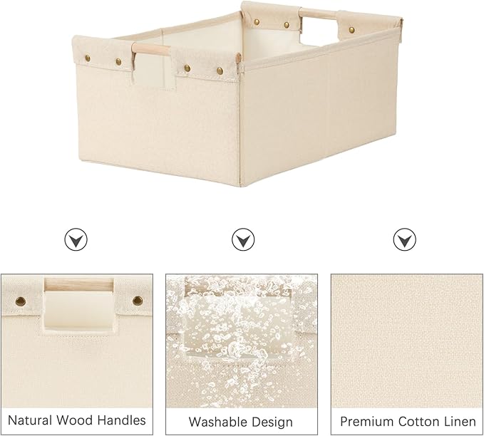 2PCS Storage Bins Cotton Linen Fabric Storage Boxes Basket with Wooden Handles Foldable Washable Decorative Shelf Container Clothes Organizer Home Laundry - Small Size, Beige