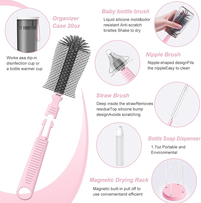 Baby Bottle Brush Set with Drying Rack, Soap Dispenser, and Case, Pink