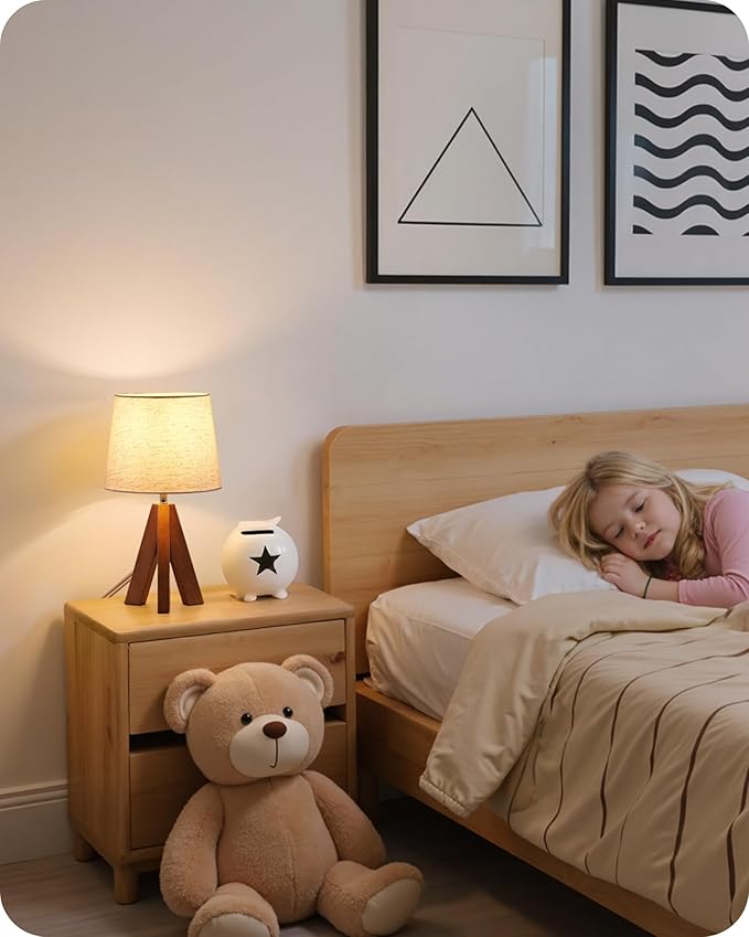 Wood Tripod Table Lamp — Warm Ambient Glow, Beige Fabric Shade