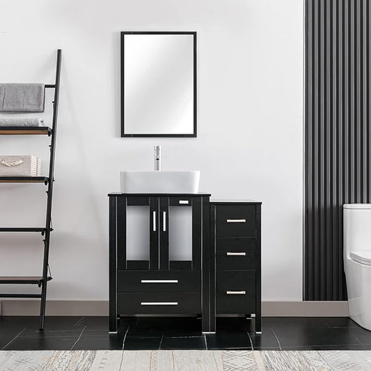 eclife 36" Modern Bathroom Vanity Sink Combo Freestanding Cabinet with Small Side Cabinet, White Rectangle Ceramic Vessel Sink, Water Save Faucet, Drain (Black+T03)