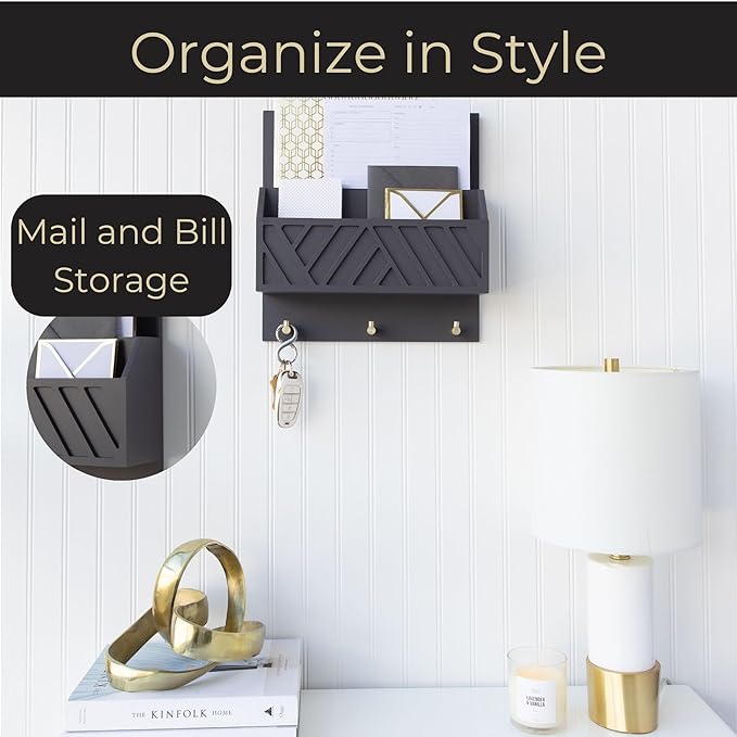 BLU MONACO | Wall-Mounted Mail and Key Holder in Grey Wood | Two-Tier Mail Organizer with Gold Hooks | Entryway Command Center for Home or Office