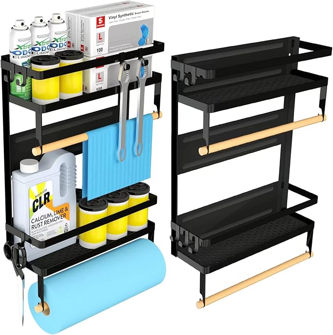 Paper Towel Holder with Shelf, 2-in-1 Magnetic Shelf, Heavy Duty Rustic Paper Towel Holder with 5 Removable Hooks, Tissue Holder for Tool Shed, Garage, Workbench, Kitchen, Craft Room, or Laundry Room
