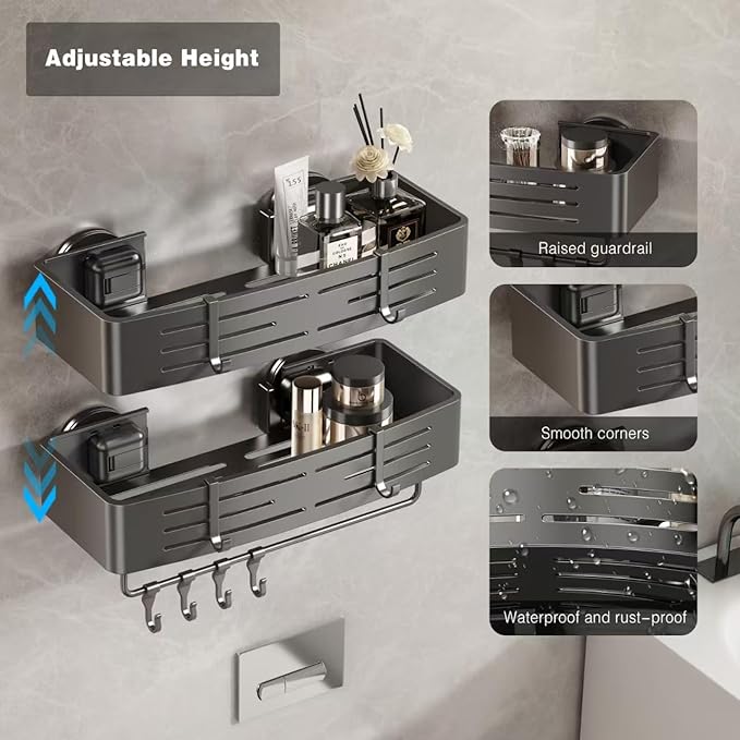 Voldra Adhesive Shower Caddy, 2 Pack Shower Shelves for Inside Shower No Drilling, Aluminum Stick On Showers Organizer with Towel Bar & Hooks Removable Bathroom Shelf Storage Rack(Gray)