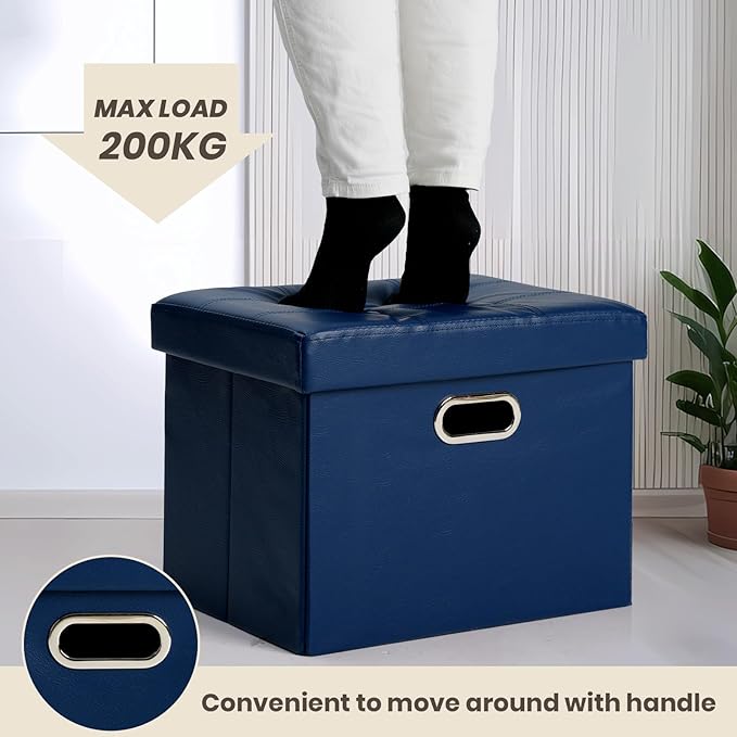 COSYLAND Storage Ottoman 17x13x13in Leather Ottoman Rectangle Footrest Footstool Folding Ottoman for Room Dorm Small Collapsible Bench Seat Organizer Entryway Furniture with Handles Lid Royal Blue