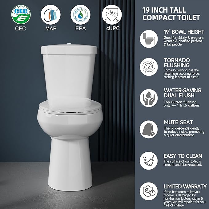 Compact Tall Toilet 19 Inch for Small Bathroom Space 1.1/1.6 GPF Tornado Dual Flush - Two Piece Comfort ADA High Toilet for Seniors, 19 Inch Bowl Height, 20 Inch Seat Height, White