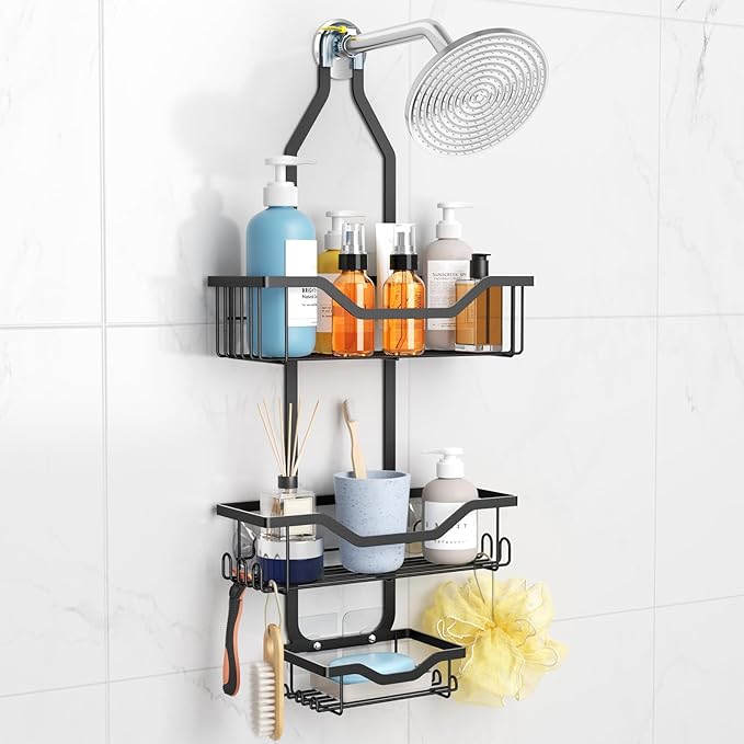 Imncya Shower Caddy Hanging for Shower Head, Rustproof Showers Organizer Hanging with Soap Holder and 12 Hooks, No Drilling Anti-Swing, Over The Head Caddy for Bathroom Organizers and Storage(Black)