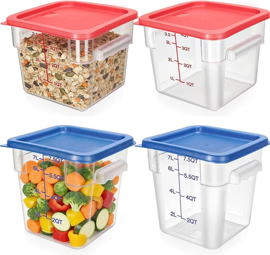 Lallisa 4 Pcs 8qt & 4qt Clear Food Storage Containers with Lids Handles and Scales, Stackable Plastic Square Food Storage Containers for Dough Proofing Baking Kitchen Restaurant(Red, Blue)