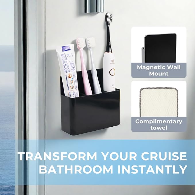 Magnetic Toothbrush Holder for Cruise Ship Cabin – Wall-Mounted Cruise Bathroom Organizer with 2 Removable Dividers & Towel, Cruise Essentials 2025 & Cruise Must Haves for Alaska & Caribbean Cruises