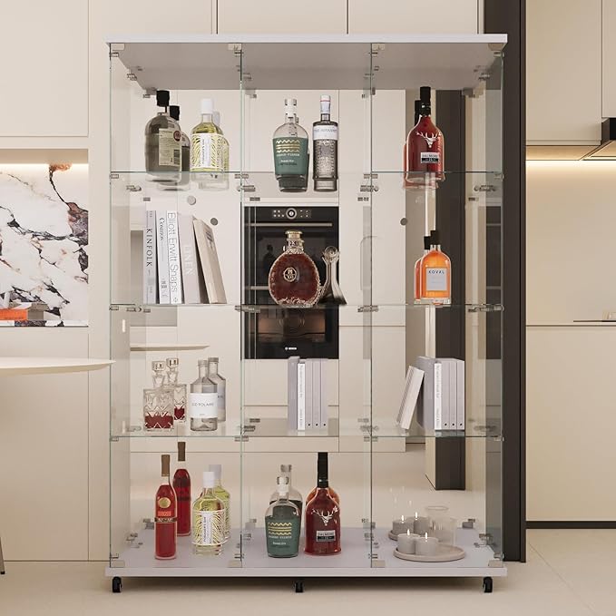 LFT HUIMEI2Y Glass Display Cabinet 12 Shelves with 3 Columns 2 Doors, Mirror Back Panel and Lock, Curio Cabinets Quick-Install Style Tempered Glass Bookshelf for Living Room, Kitchen White