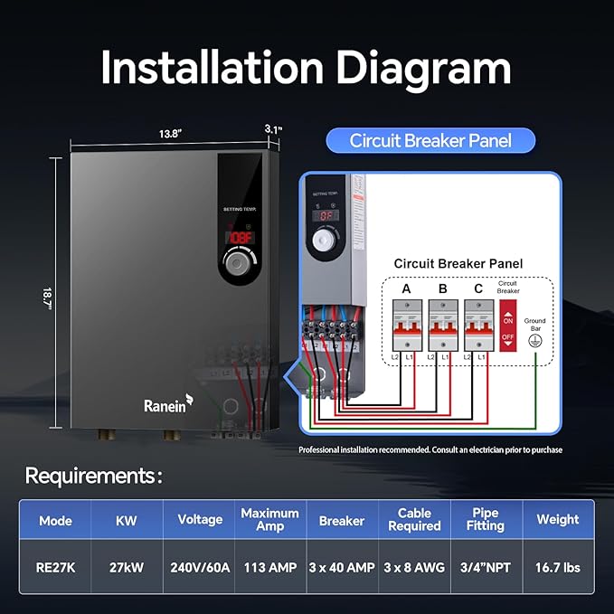Ranein 27kW Electric Tankless Water Heater, 240V On Demand Instant Endless Water Heater with LED Temperature Display, Control Knob, Space Saving Design, Up to 6.5 GPM for Whole House Water