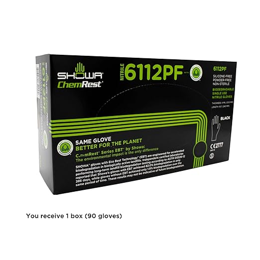 SHOWA 6112PF Sustainable EBT Latex-Free, Powder-Free, Nitrile Disposable Single Use Safety Gloves, 4 Mil, 9.5" Length, Black, XX-Large, (1 Box/100 Gloves)