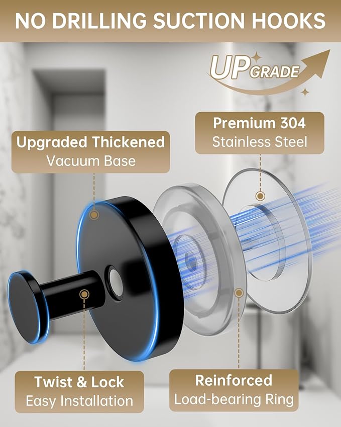 Suction Cup Hooks for Shower, Suction Cup Hooks for Door Wreaths, Robe Towel Hooks Heavy Duty for Bathroom Hanging, Windows, Kitchen, Glass, Mirror, No Drilling, 6 Pack (Black)
