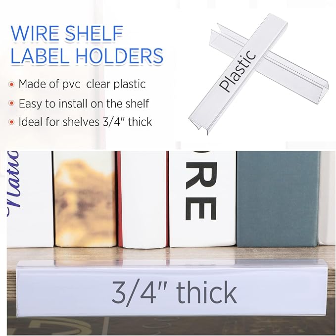 Teling 100 Pieces Shelf Label Holder, Clear Plastic 0.875'' x 6'' Shelves Clip Wood Tags Ticket Sign Label Metal Holders for 0.75'' Thick Shelves Includes Matched Blank Inserts Offices Libraries