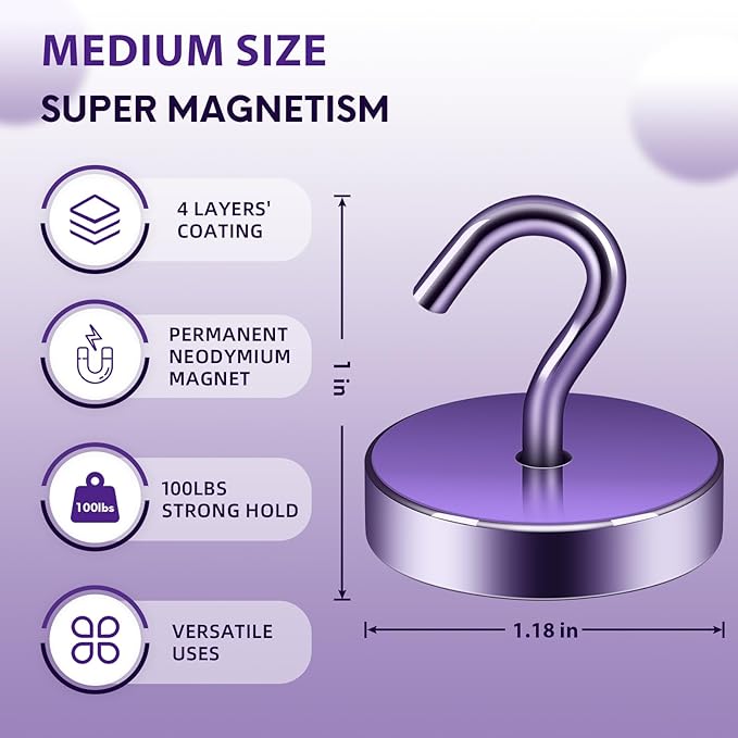 Neosmuk Magnetic Hooks, Cruise Ship Essentials, 10lb+ Heavy Duty Magnetic Hooks for Cruise Cabins, Refrigerator, Grill, Hanging, and Travel | Extra Strong Must-Haves Magnet Hook,Purple