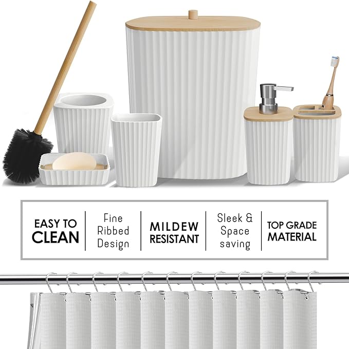 Clara Clark Bathroom Accessories Set - Bathroom Set, Bathroom Sets with Shower Curtain and Rugs, Shower Curtain Set with Bathroom Trash Can - White - 22PC