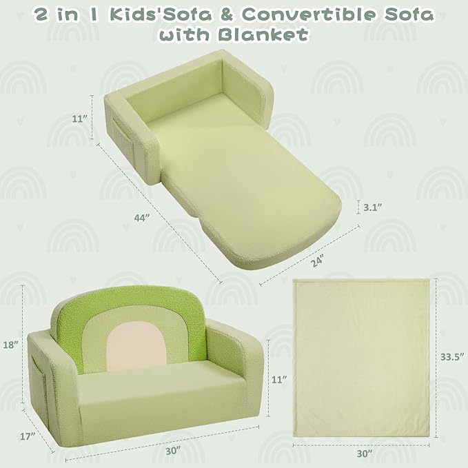 Extra Wide Kids Couch, 2-in-1 Soft Toddler Couch with Blanket, Comfy Toddler Chair, Convertible Sofa with Cute Rainbow Design, Green