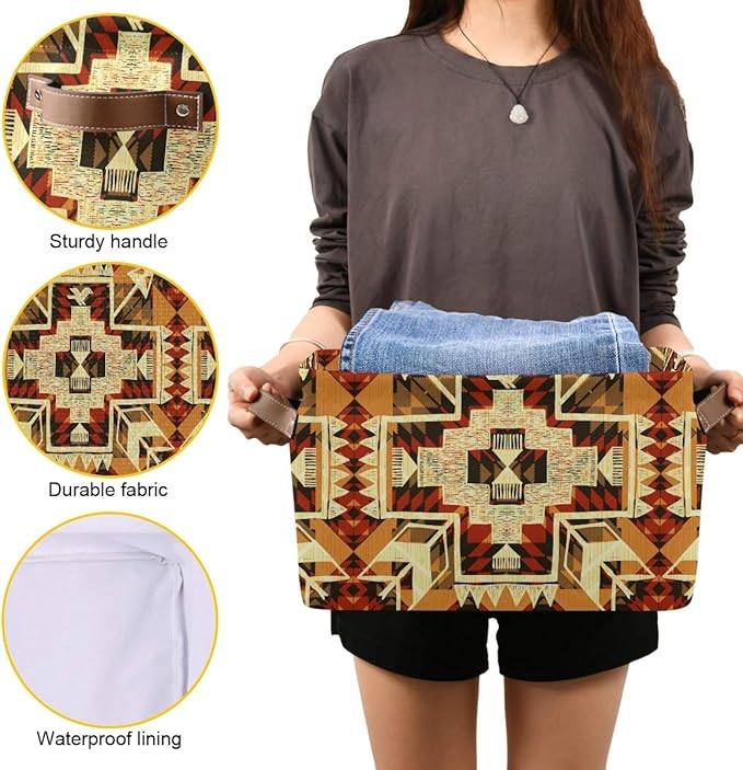 Storage Basket Native American Style Storage Bin Cube with Handles Foldable Storage Baskets for Shelves Living Room Home Decor 2PCS