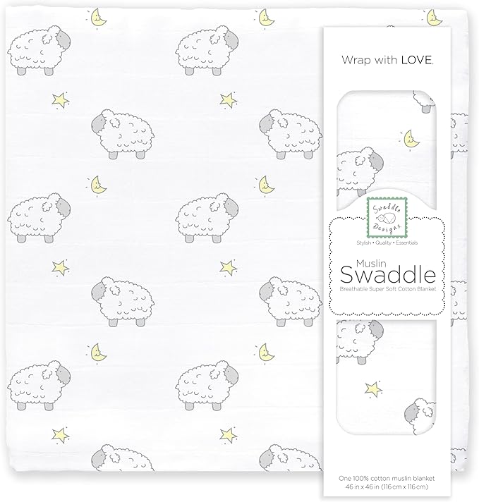 SwaddleDesigns Cotton Muslin Swaddle Blanket, Receiving Blanket for Boys & Girls, Best Shower Gift, 46x46 inches, Little Lambs, Sterling