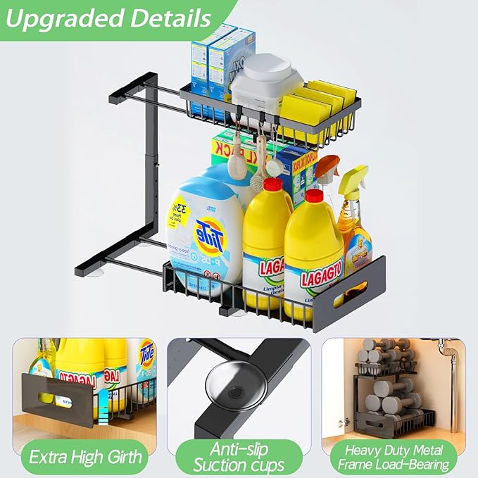 ADBIU Under Sink Organizer(10 Seconds Installation), 2 Packs 2 Tier Expandable Height (11" - 16") Bathroom Kitchen Organizers And Storage